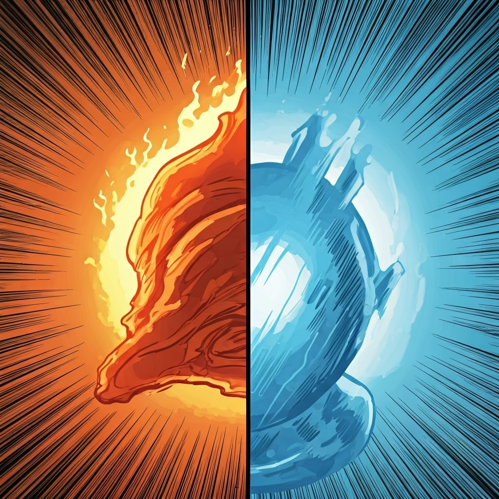 Split scene of heated waves calmed by blue shields, showing emotion regulation.