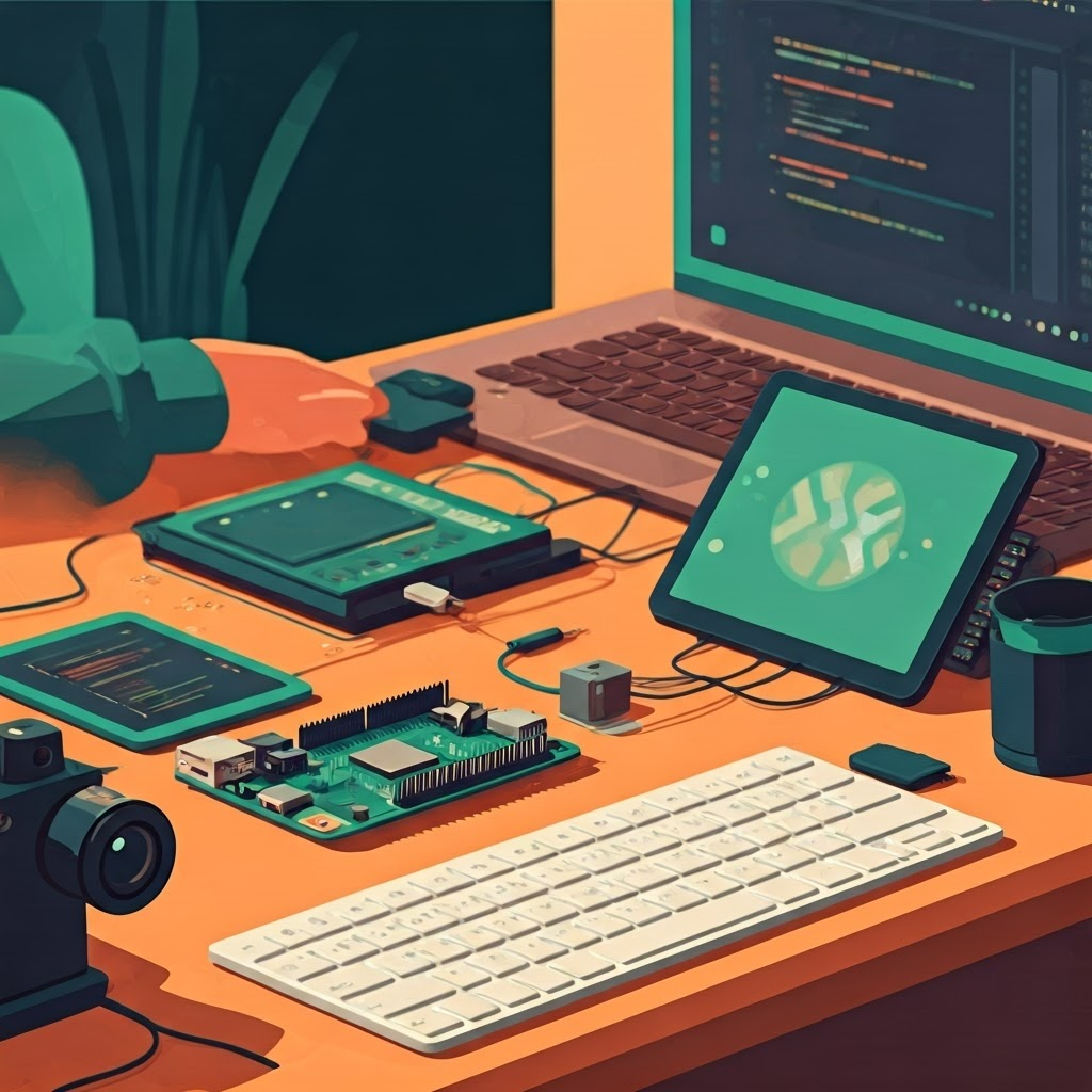 A cozy desk shows a Raspberry Pi with screen, keyboard, and camera beside a BeagleBone—demonstrating single-board computers for richer tasks.