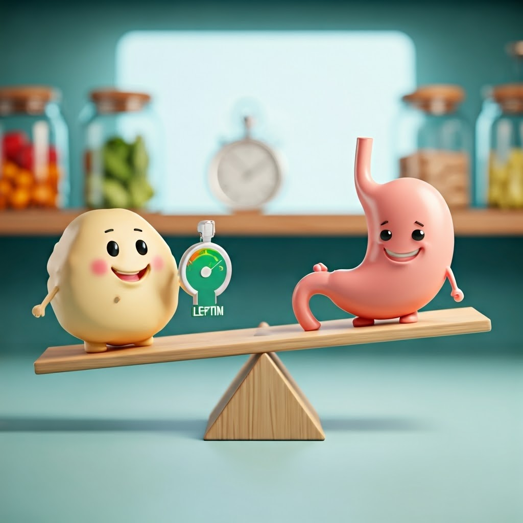 Playful seesaw with leptin and ghrelin characters shows the hormonal balance that controls hunger and energy