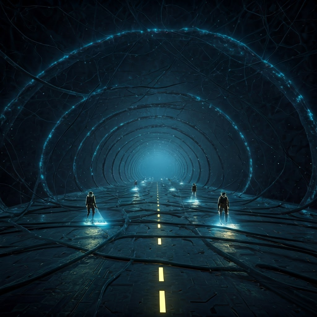 Robotic cleaners sweep neon neuron streets, symbolizing the glymphatic system removing waste during deep sleep