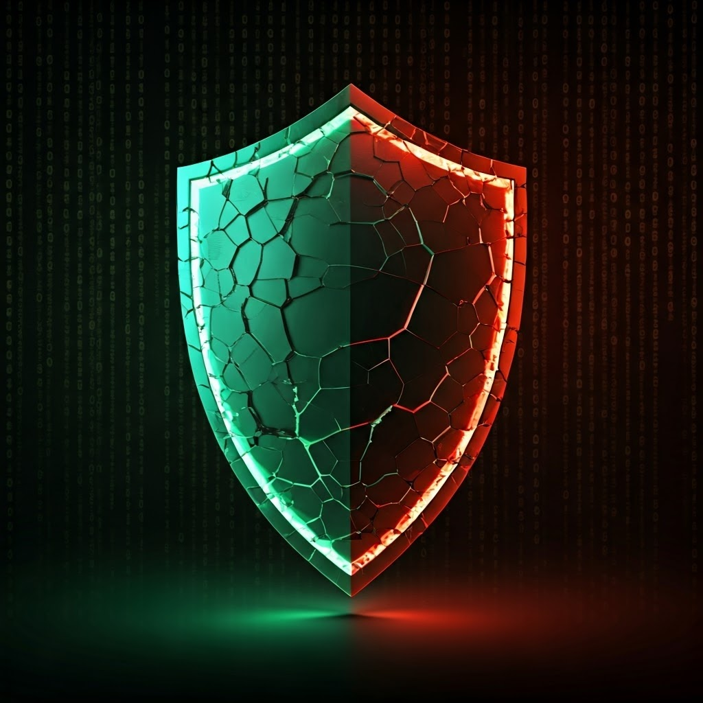 Broken code shield symbolizing the mixed security of decentralized systems