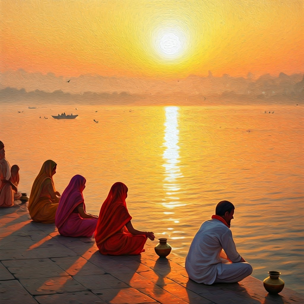 Hindu worshippers in colorful clothing kneel at sunrise on the Ganges, offering water to the rising sun to honor a larger purpose.