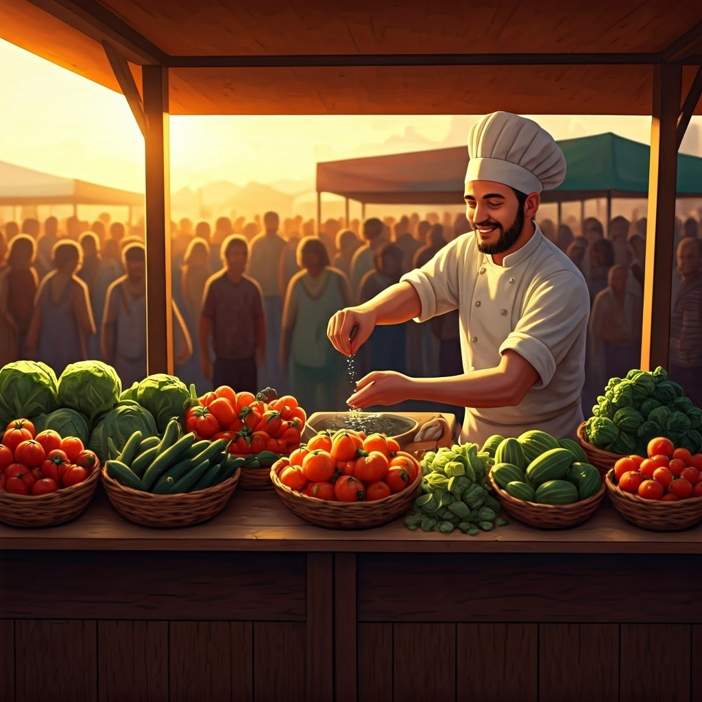 Chef at a vibrant sunset market stall sprinkling kosher salt onto colorful vegetables