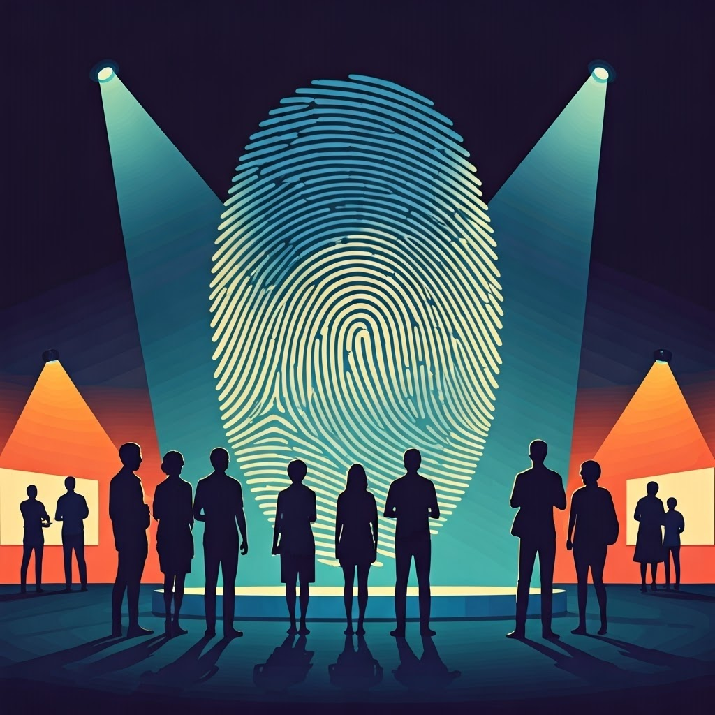 Stylized figures stand before a fingerprint morphing into a helix, highlighting shared identity and collective privacy stakes.