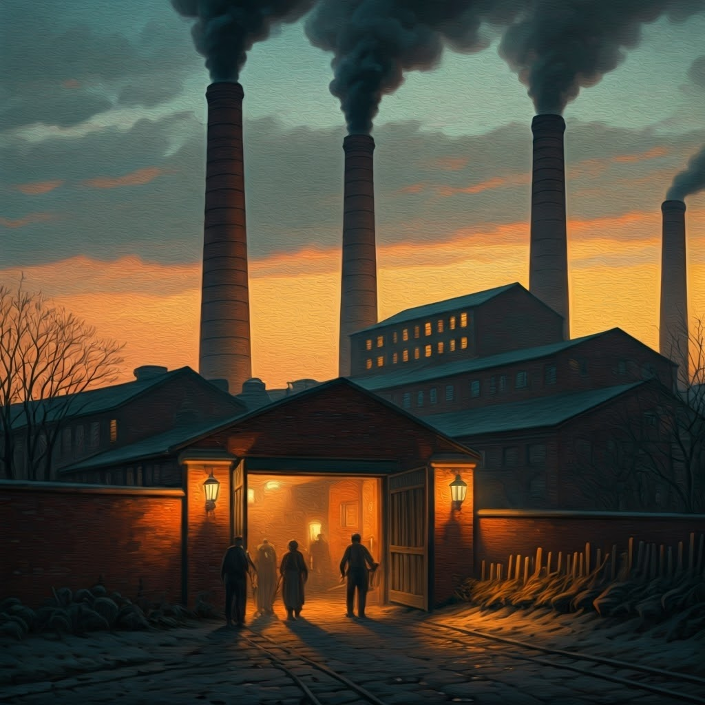 Early 19th-century textile mill at dusk, tall brick chimneys venting dark smoke into an orange sky while workers head inside