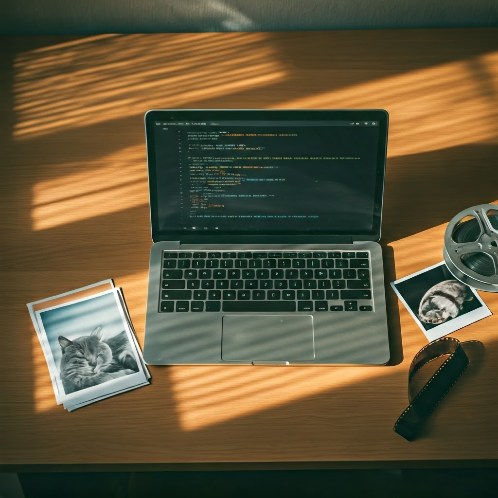 Overhead laptop displaying HTML code beside nostalgic desk items—underscoring hands-on practice