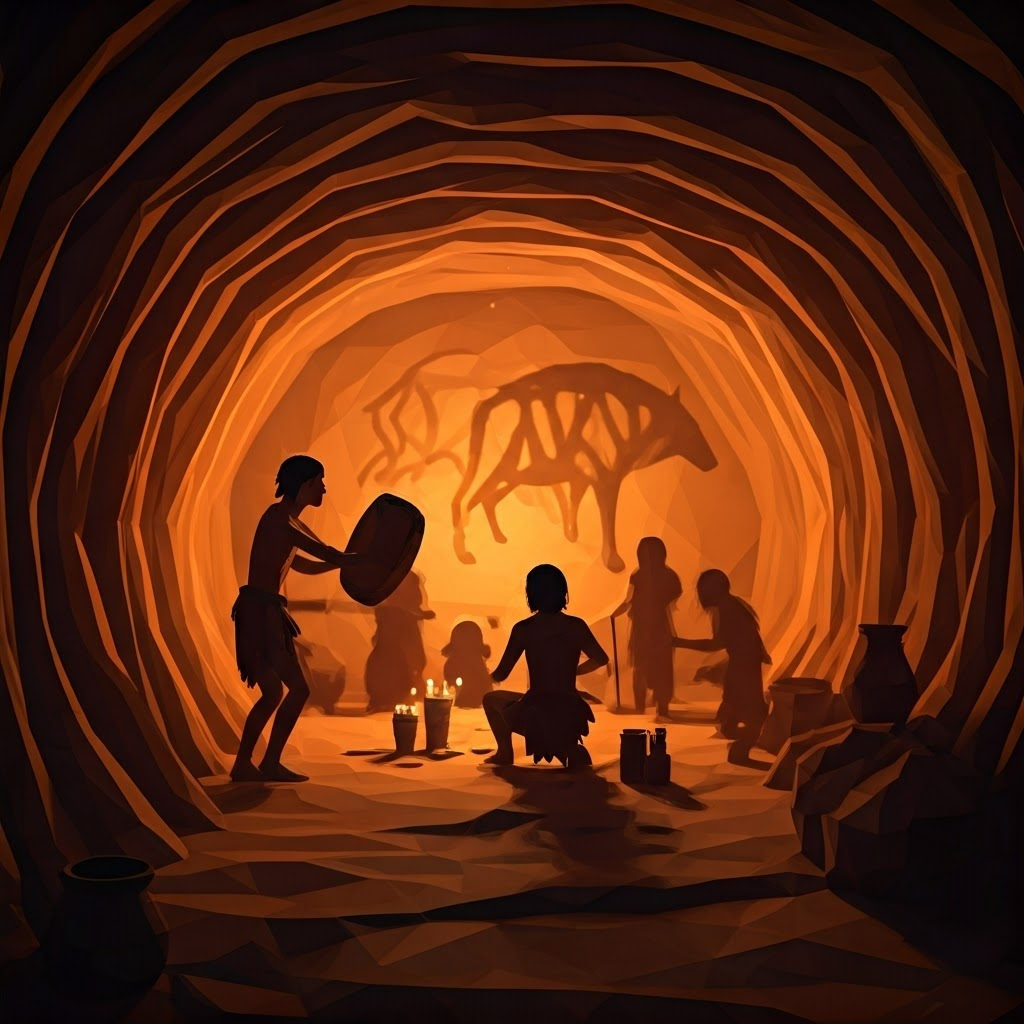 Cave chamber where a figure drums while another paints, highlighting communal ritual.
