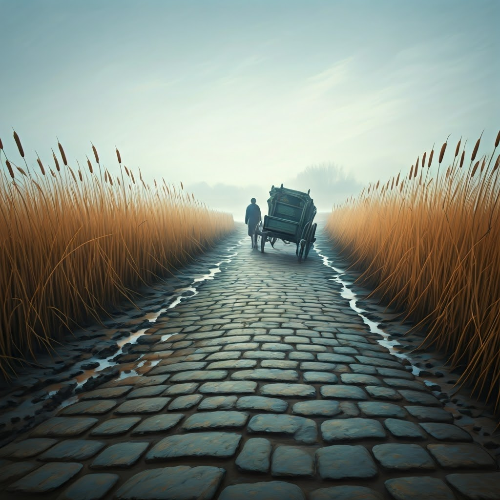 A broken wagon on a misty stone causeway shows how winter mud halted travel.