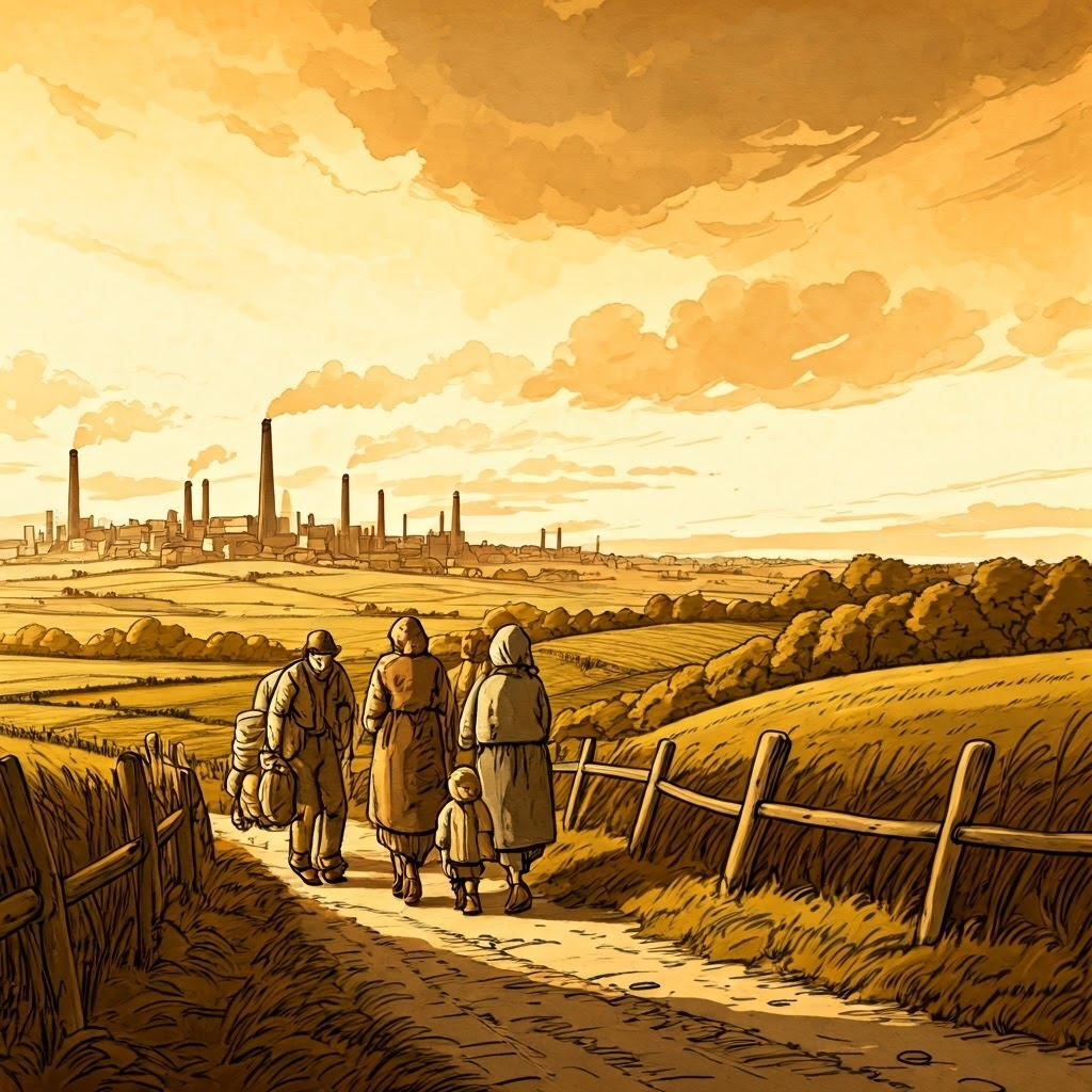 Early 19th-century family leaving a rural farm at dawn, distant Manchester smokestacks promise new factory jobs