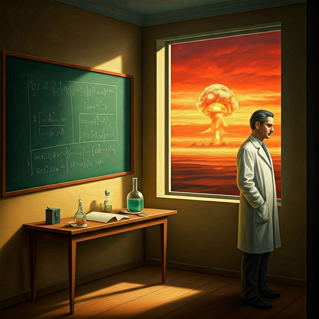 Scientist before a chalkboard, distant mushroom cloud framed by a window