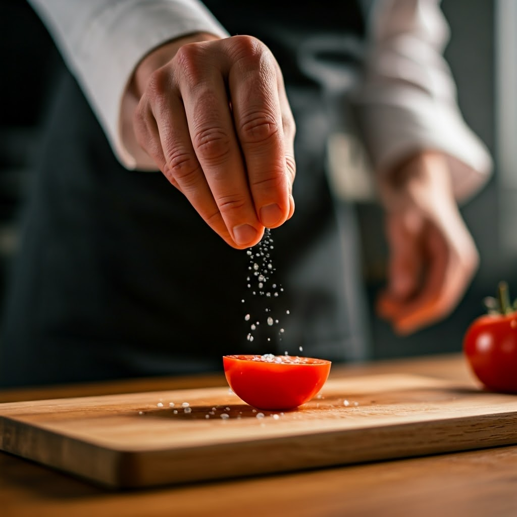 Close-up of a chef sprinkling salt onto a tomato slice in a sunlit modern kitchen, vivid red and natural wood tones