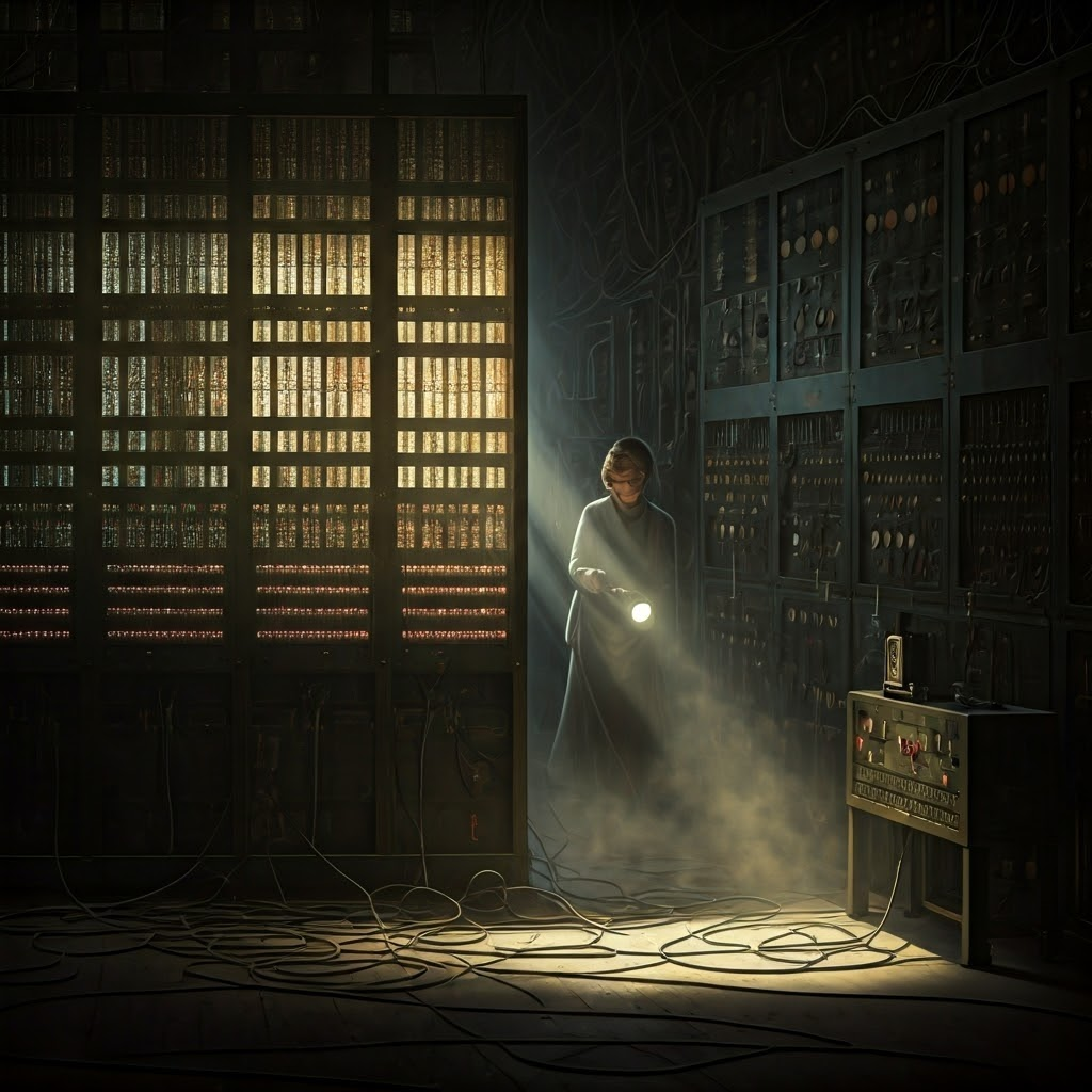 A lone woman inspects glowing vacuum tubes inside the vast ENIAC, dust particles dancing in her flashlight beam.