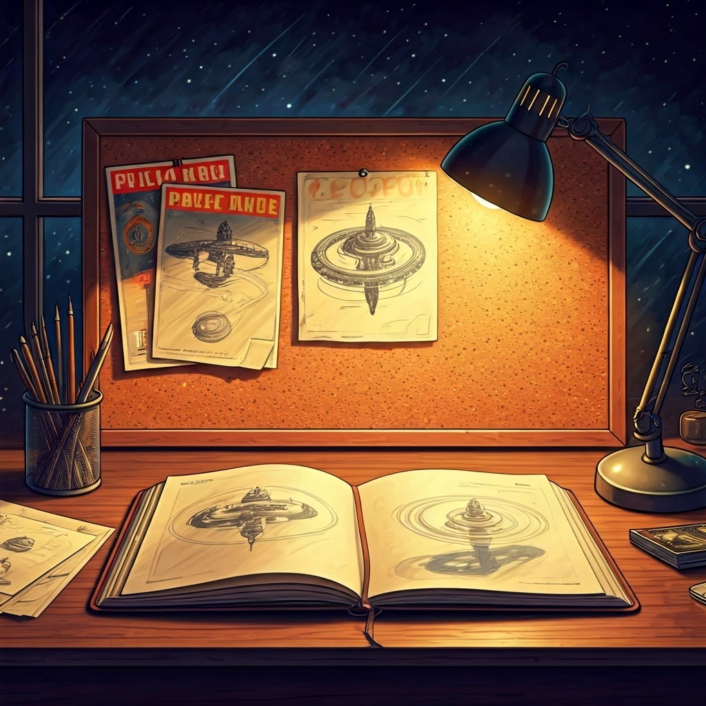 Vintage desk covered in hand-drawn space station sketches, soft lamp light, starry window backdrop