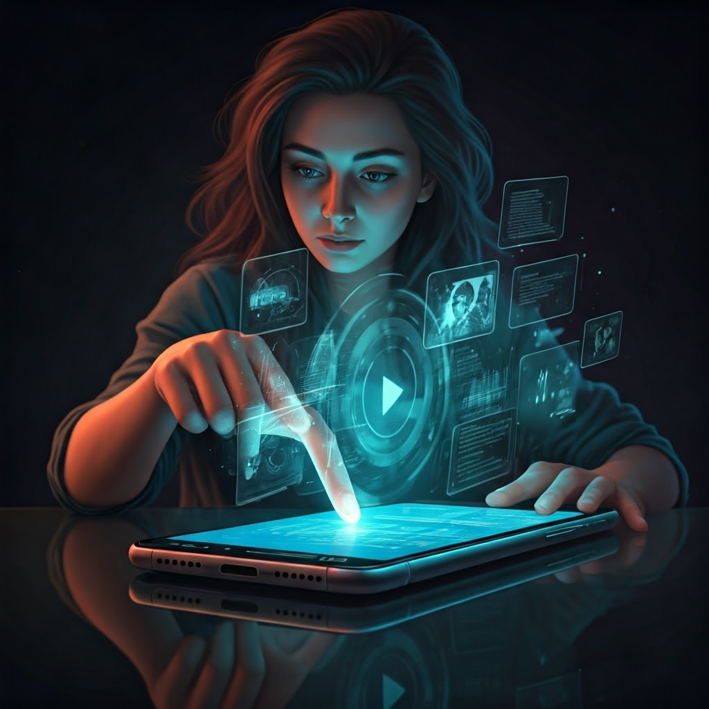 A smartphone hovers above a glass table under neon light while a woman taps the screen; floating icons hint that the device handles text, audio, video, and images together.