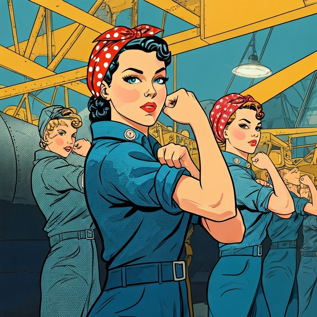 Pop-art scene of women riveting warplanes, bold colors and “Rosie the Riveter” call-outs.