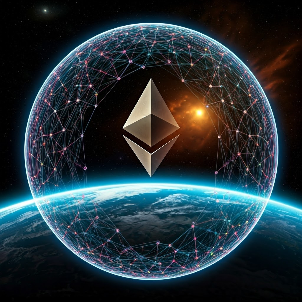 Epic generative fractal art depicting a massive spherical network of interlinked nodes floating above a stylized Earth. Each node emits vibrant colors representing Solidity code snippets, while arcs of glowing data flow between them. The central sphere displays the Ethereum logo carved in luminous metal. Dramatic cosmic background with swirling nebulae and distant stars, detailed fractal textures, futuristic and abstract blend.