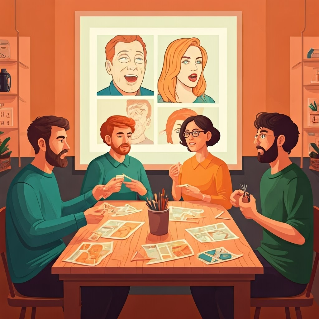 A cozy community workshop scene where people of various ages and backgrounds are gathered around a long wooden table remixing comic panels with scissors and glue. Overhead, a projection shows classic meme templates like the ‘Distracted Boyfriend’ and ‘Woman Yelling at a Cat’ in vibrant colors. Style: modern folk art tapestry style with warm earthy tones, textured brush strokes, and an inviting handcrafted feel that celebrates shared creativity.