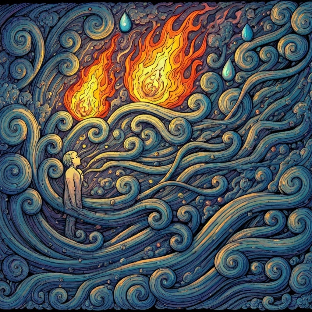 Colorful currents of wind twist into clouds, flames, and droplets around a meditative figure