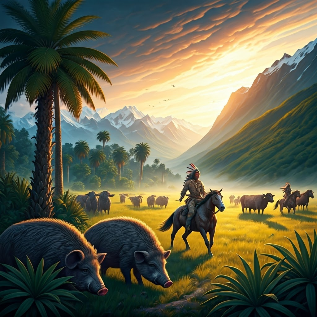 Panorama of Indigenous riders chasing buffalo, with wild pigs and grazing cattle in varied landscapes