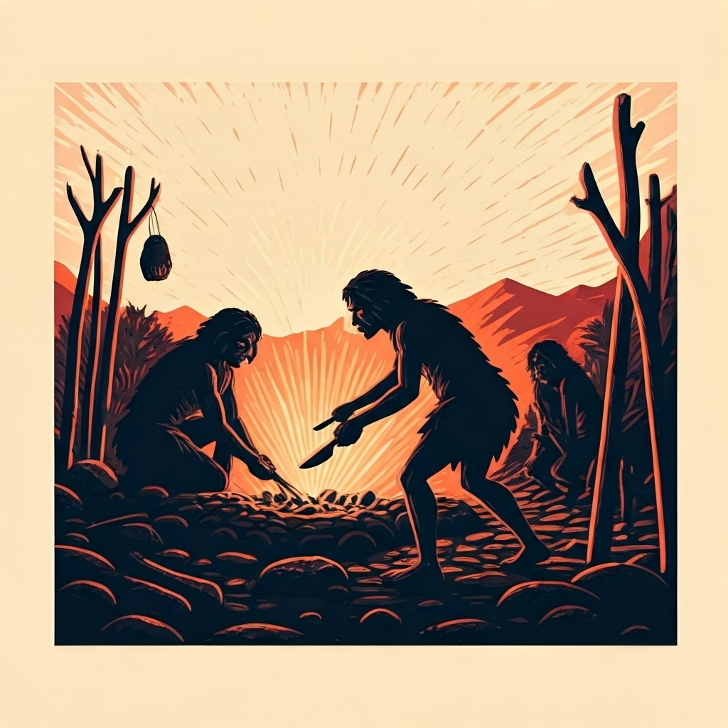 Minimalist linocut showing dawn routine: tending embers, slicing meat, carving sticks.