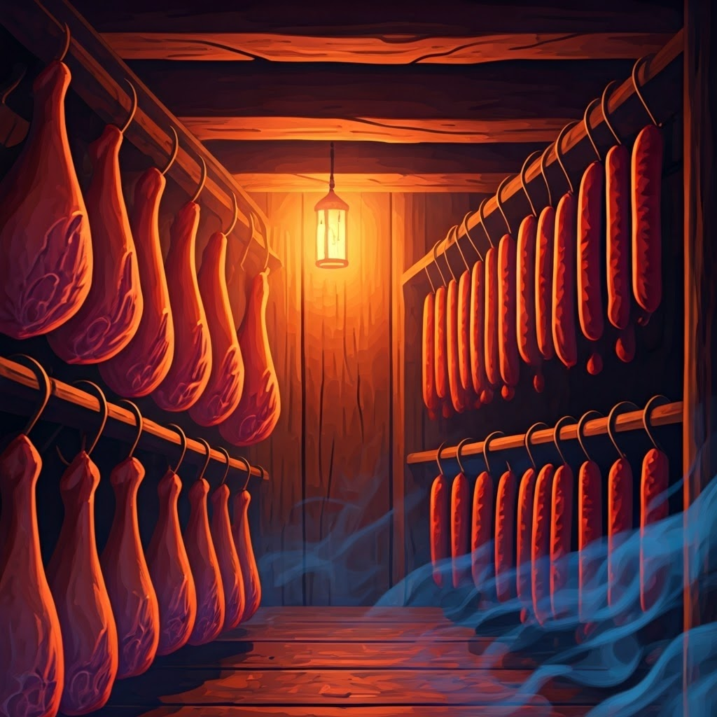 Smokehouse scene with pink hams and sausages showing smoke ring