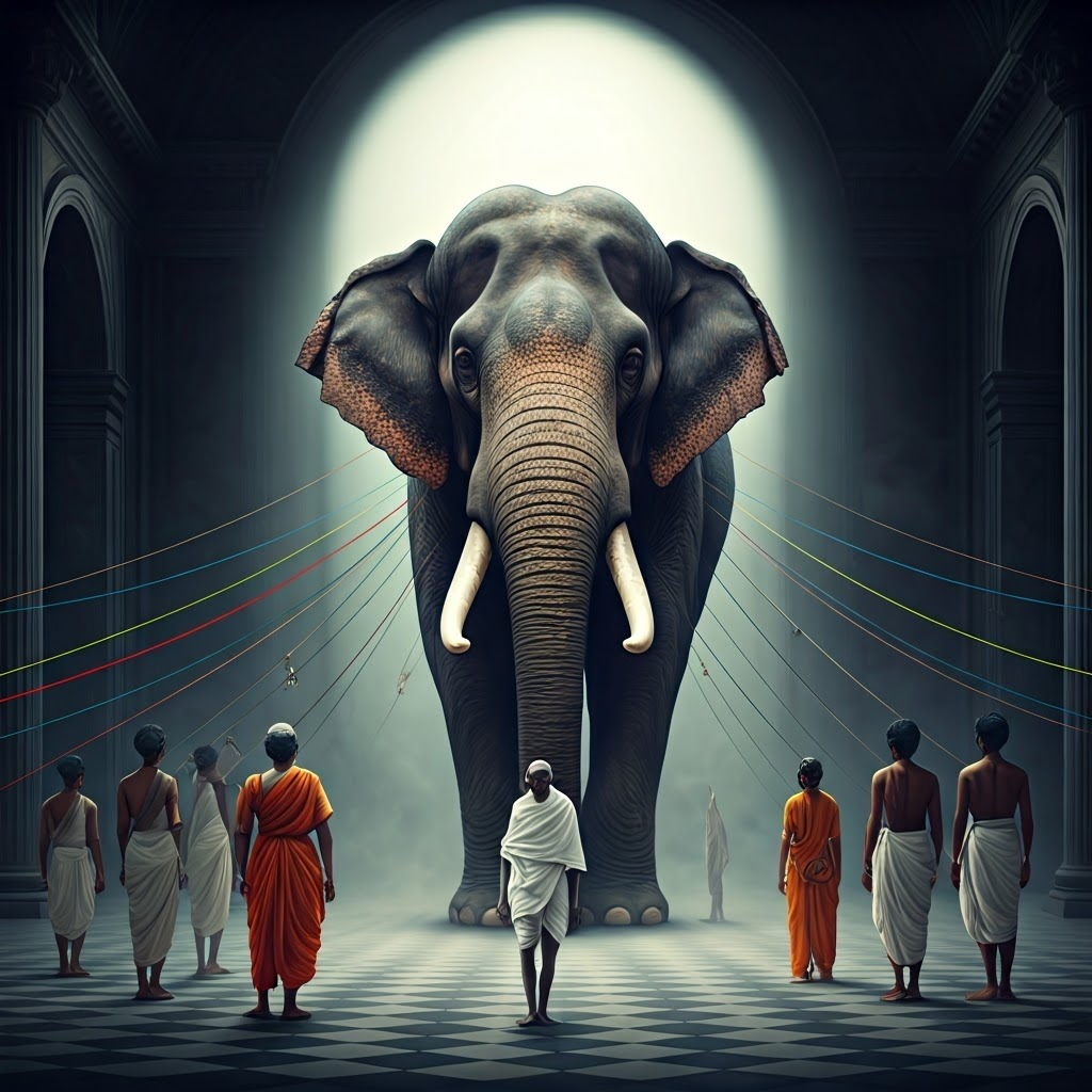 Surreal room with an elephant and fraying caste threads highlighting social tension and reform