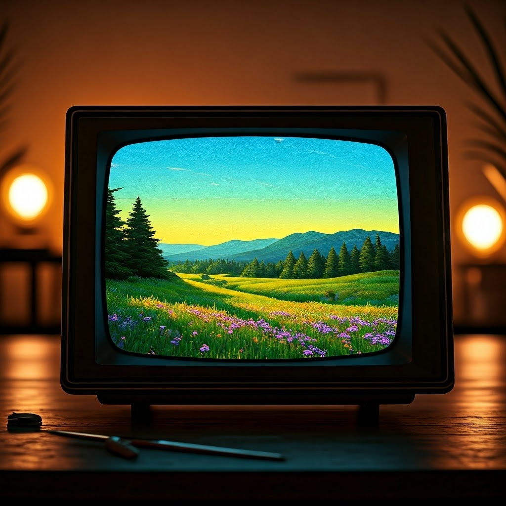 Static green TV noise fades into a bright landscape on an easel, capturing how diffusion models turn randomness into clear art.