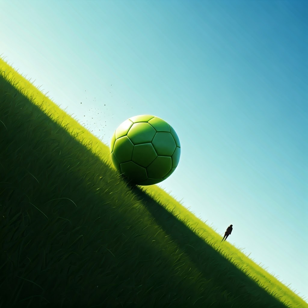 Bright green soccer ball stalls on a sunny grassy hill, illustrating a barrier that stops motion.