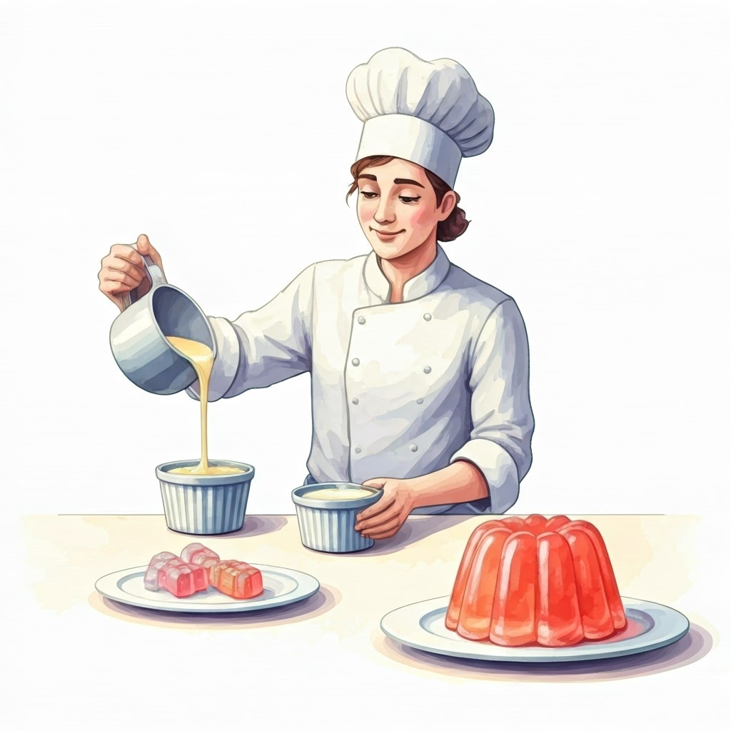 Pastry chef pours cream into panna cotta ramekins, demonstrating gelatin desserts' wobble.