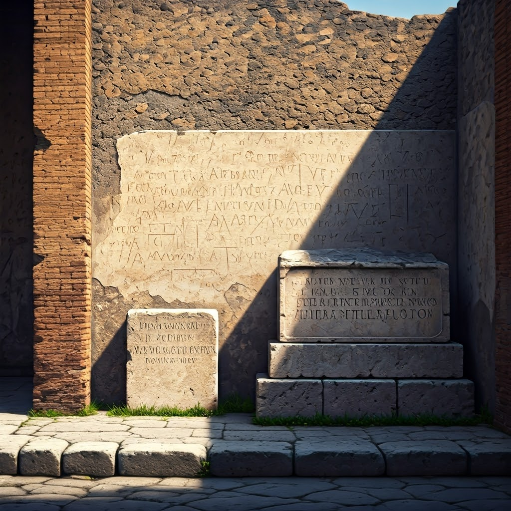 Sunlit Pompeii walls display faint graffiti and a tomb praising a midwife, hinting at women’s public presence.