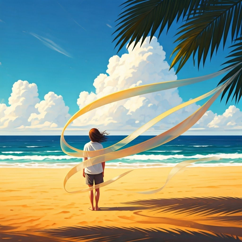 Person on a sunny beach sensing the breeze that swirls between sea and sand.