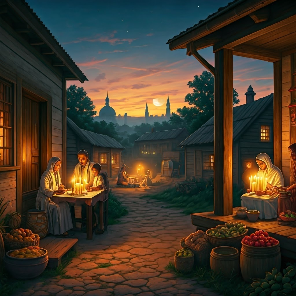 A sunset village scene where a Jewish family lights Shabbat candles while a Muslim family sets out iftar dishes under a crescent moon, capturing shared evening rituals.