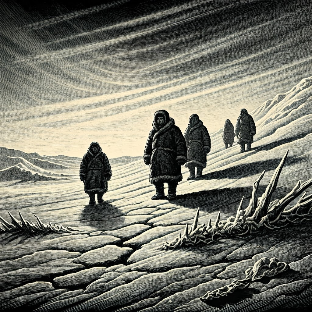 Scratchboard scene of fur-clad travelers crossing the frozen Gobi, highlighting cold desert extremes.