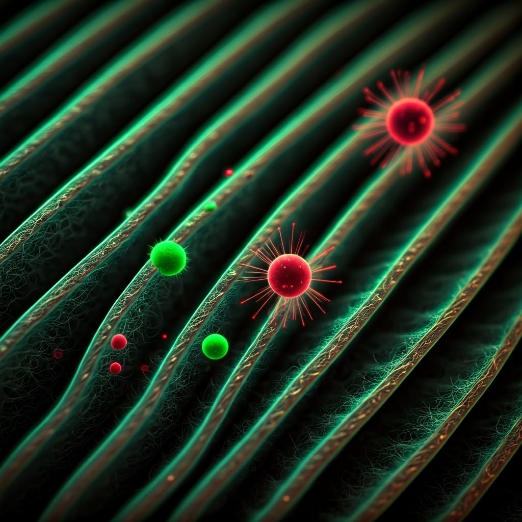 Magnified view of microbes caught in air filter fibers.