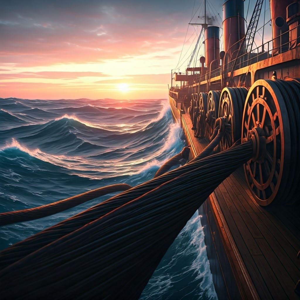 Steamship crew laying a thick undersea telegraph cable across rough Atlantic waves at dawn