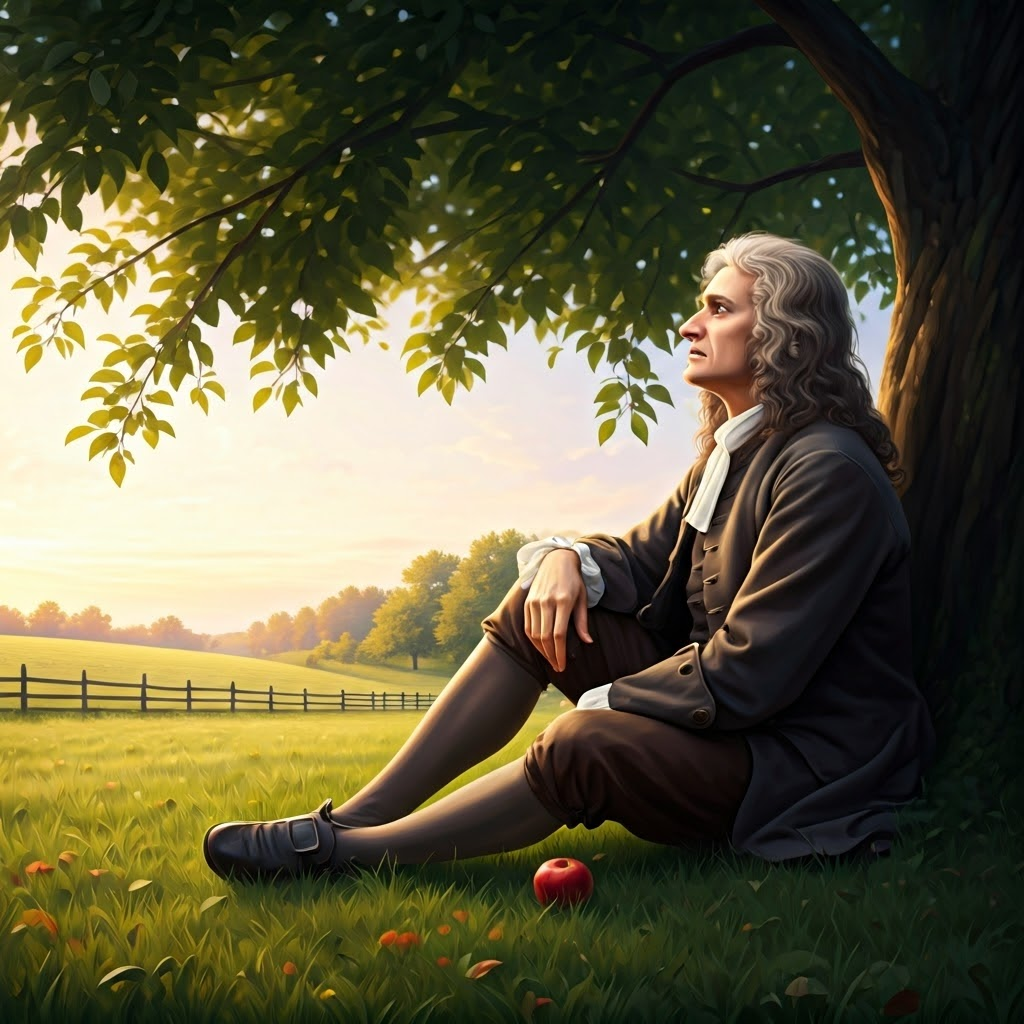 Newton seated under an apple tree, a fallen fruit at his feet, while a faint moon hangs in the bright sky above rolling fields.