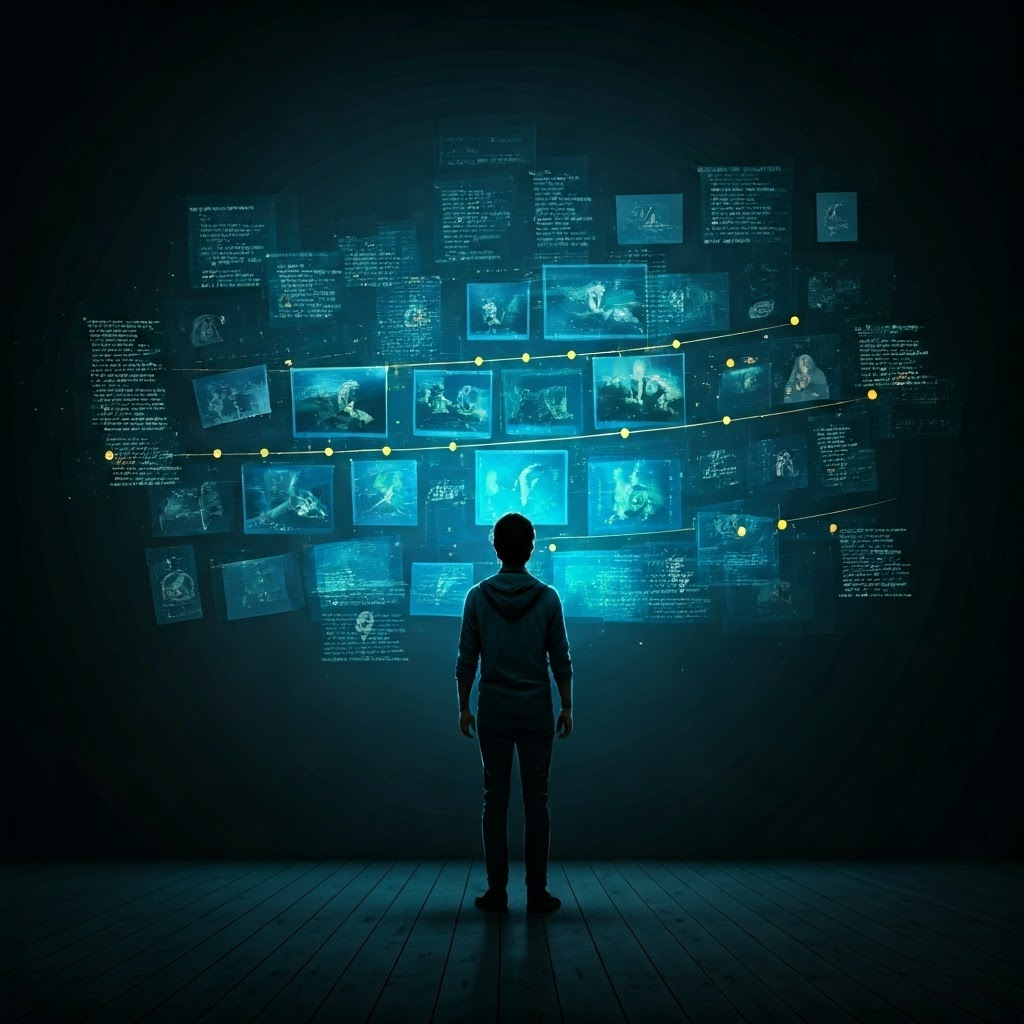 Developer studying a glowing timeline of commits on a digital wall