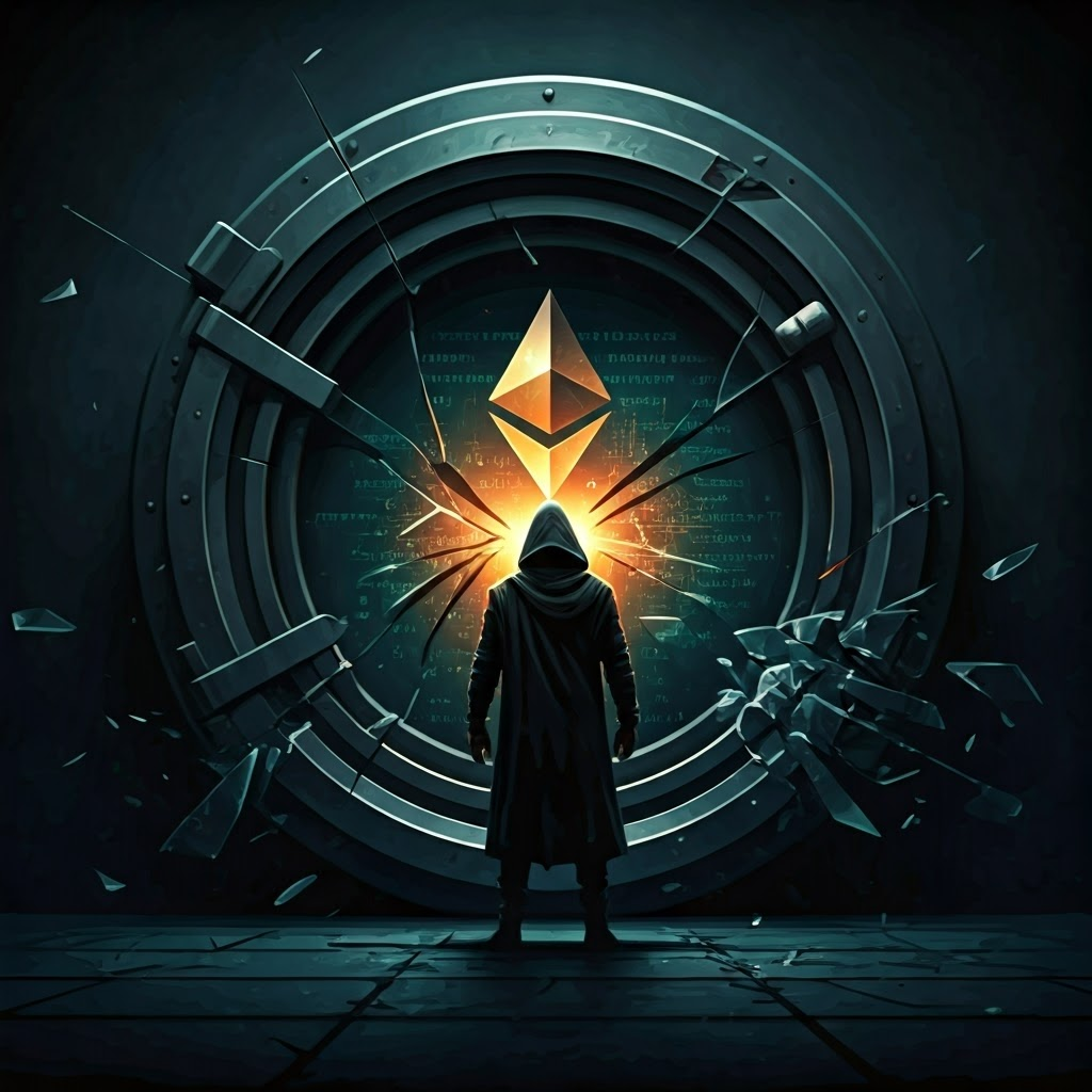 Dramatic scene of a cracked digital vault as a hooded figure exploits code to siphon Ethereum tokens