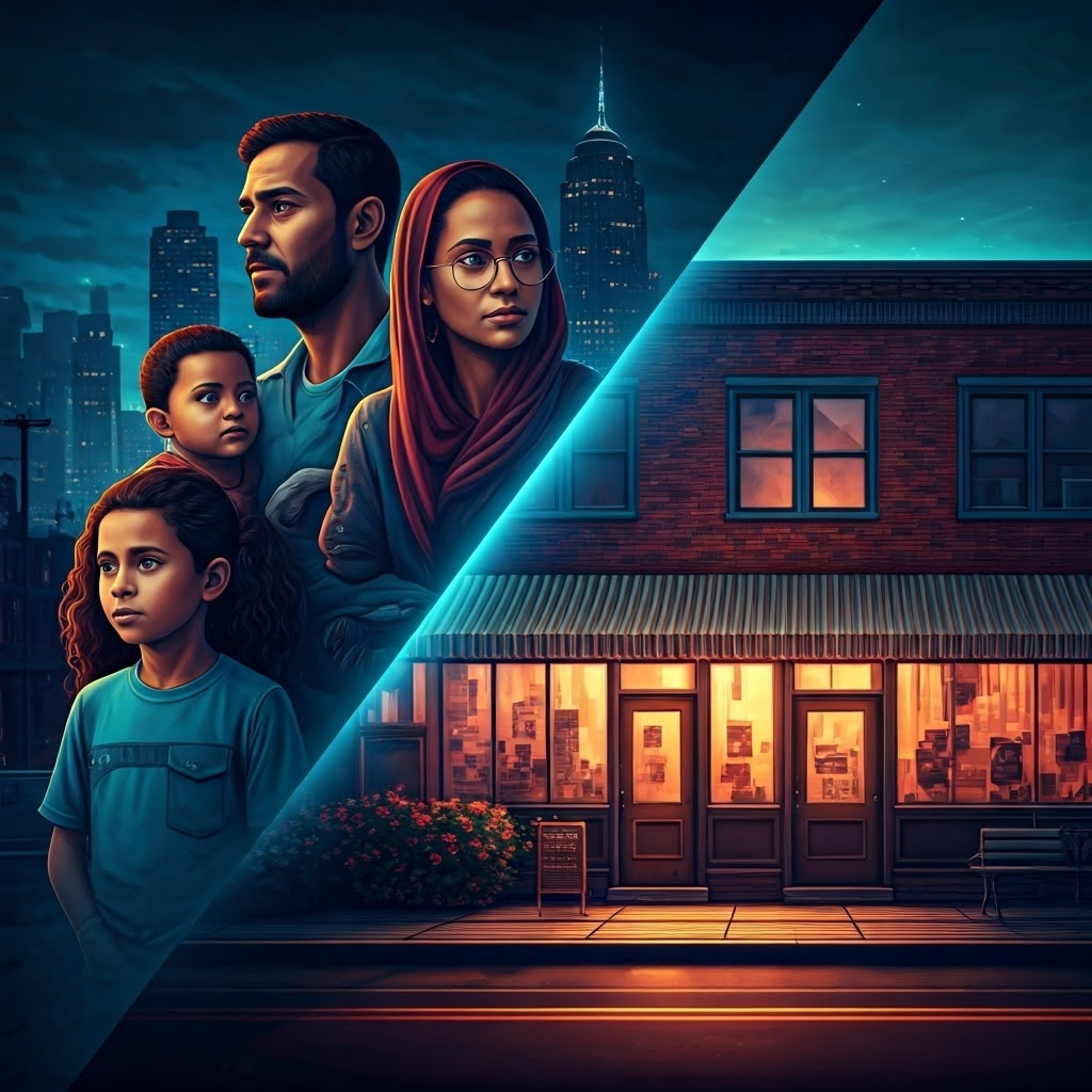 Hopeful immigrant family beside bustling small businesses, vibrant city backdrop