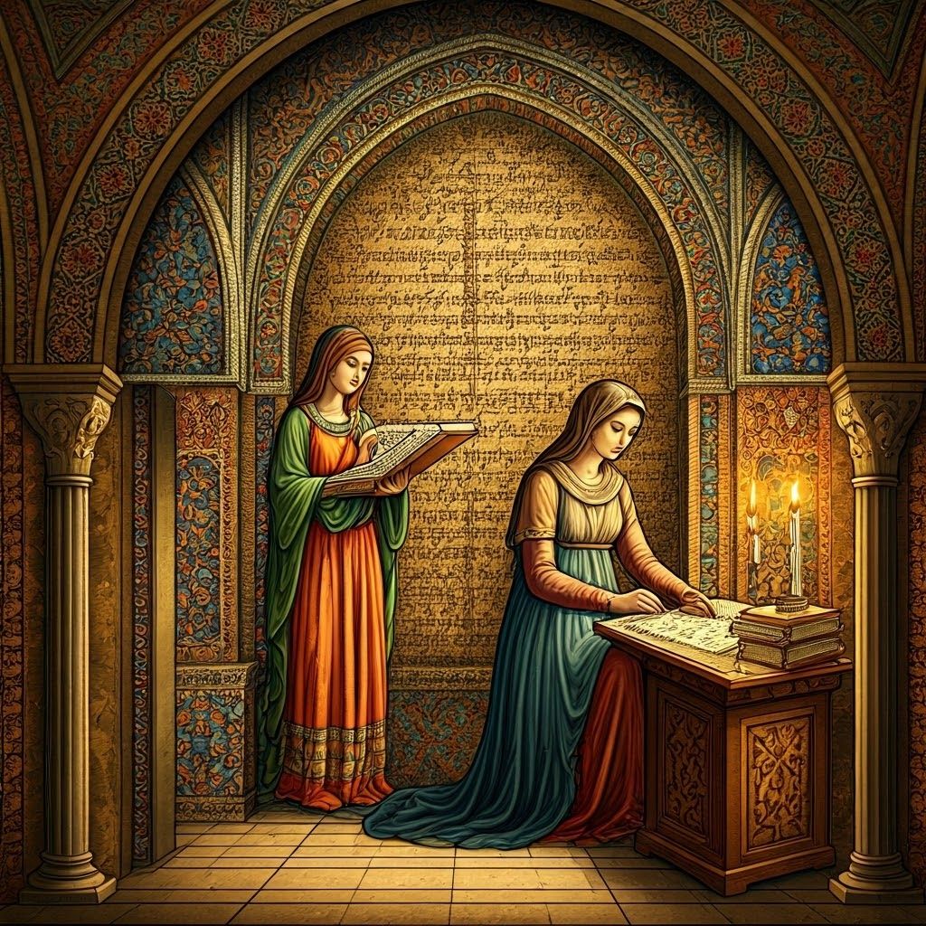 Female scholar in ornate robes annotates legal texts beside another woman transcribing a family history, blending Islamic and Byzantine styles.
