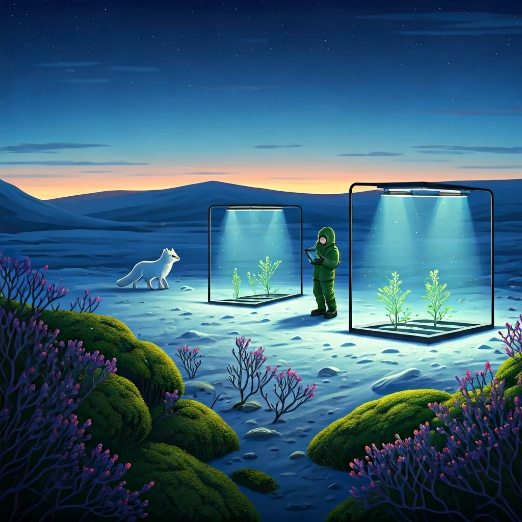 Twilight Arctic tundra with hardy plants and an Arctic fox beside a scientist’s LED study plot—showing adaptation to shifting light cycles.