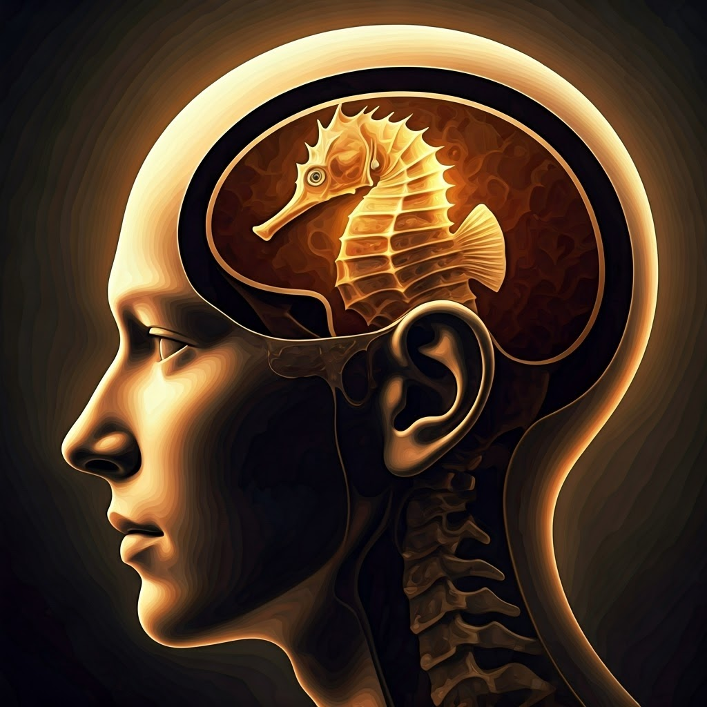 Cutaway head revealing the seahorse-shaped hippocampus glowing above the ears