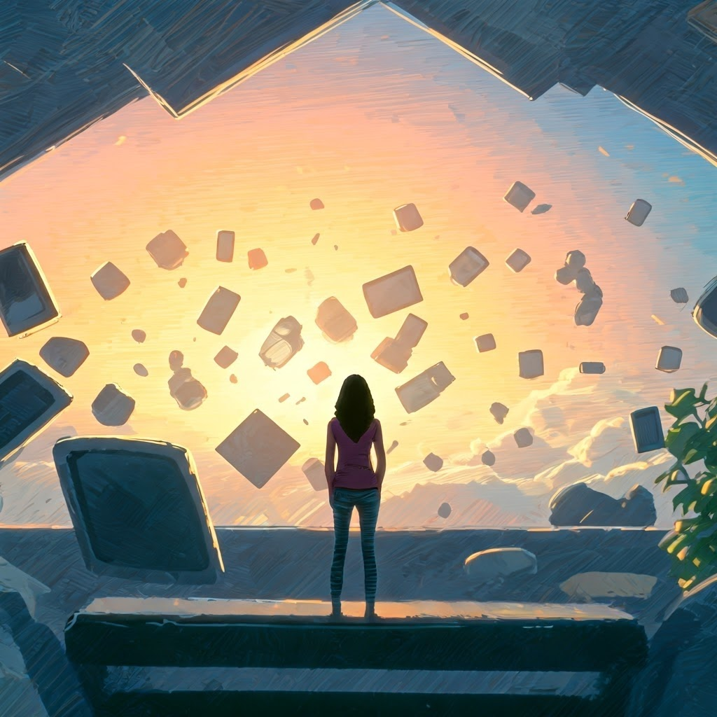 Surreal home scene where everyday objects float in warm light, symbolizing abundance and modern convenience.