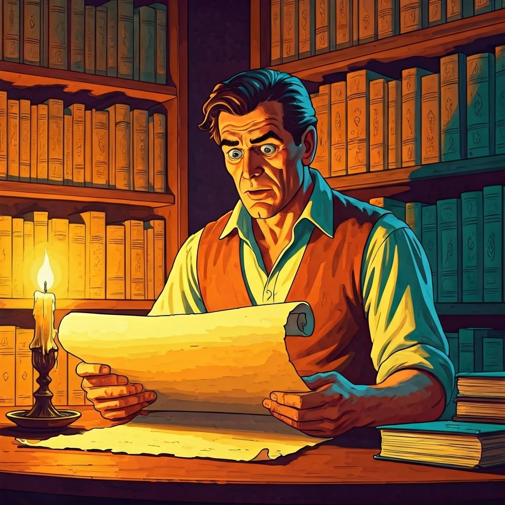 A scholar unrolls an ancient parchment by candlelight, eyes wide with awe amid dusty shelves of manuscripts.