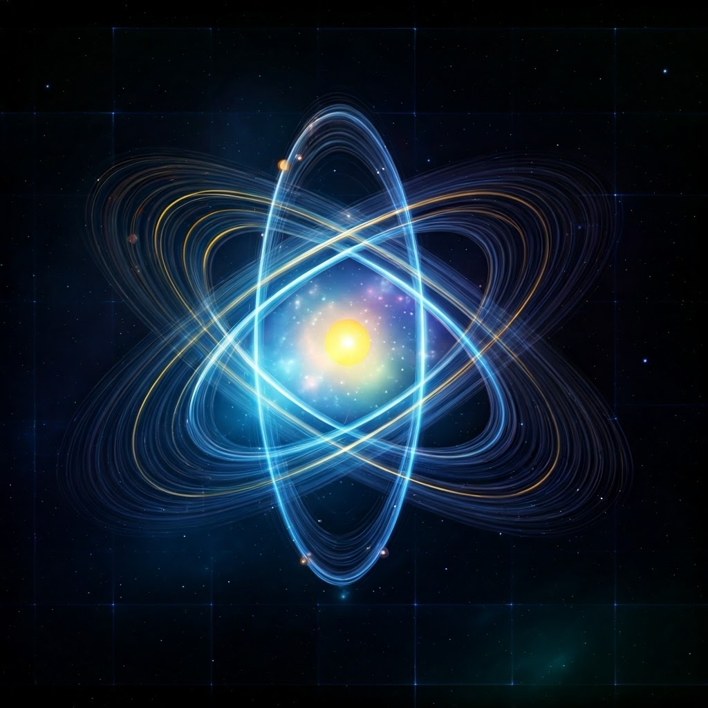 Neon vector art of an atom with some electron rings sharp and others fuzzy, threaded by golden lines representing complementary variables.