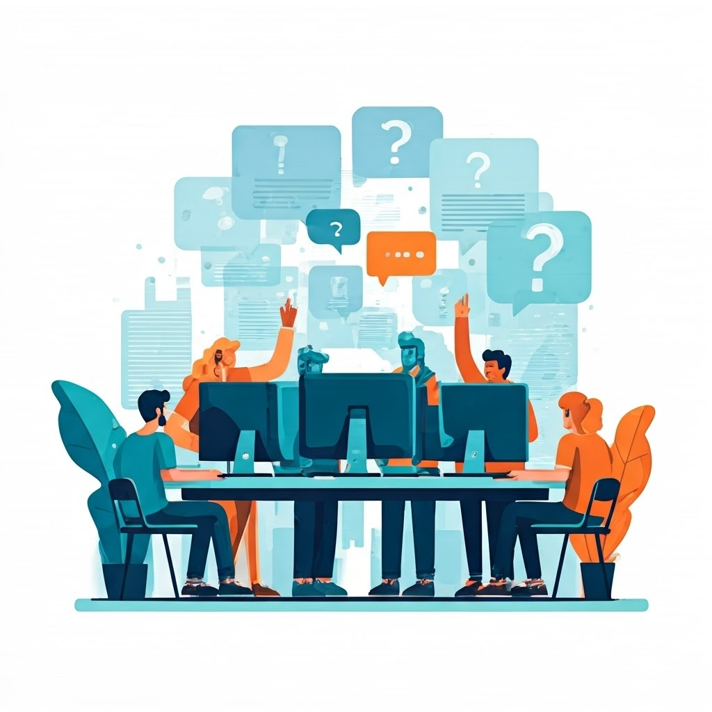 Bright vector scene shows diverse learners at computers with floating question marks, symbolizing ongoing curiosity.