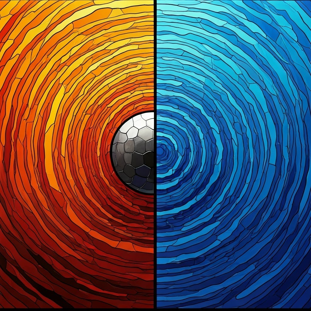 A mosaic contrasts a bouncing ball and spreading ripples, highlighting particle versus wave behavior