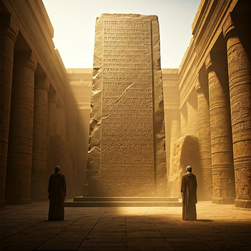 Mesopotamian courtyard displaying the Code of Hammurabi stele.