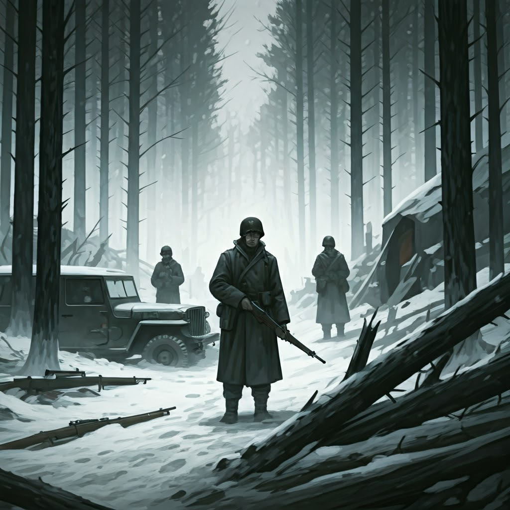 American soldiers in snow-covered Ardennes Forest brace against a German winter offensive.