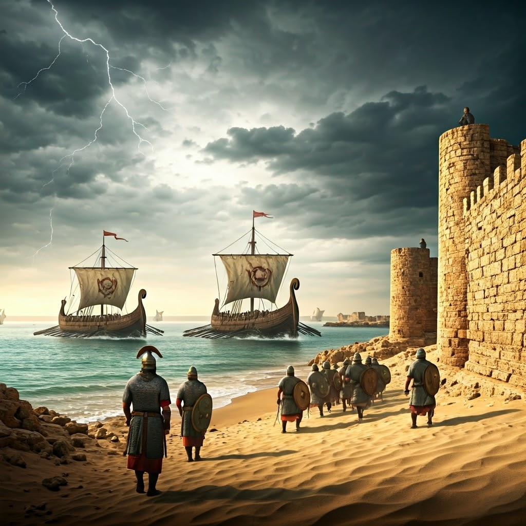 Stormy North African harbor as Vandal longships arrive near ruined Carthage